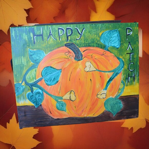Handmade Happy Patch Pumpkin Fall Harvest Canvas Decor - Picture 2 of 6
